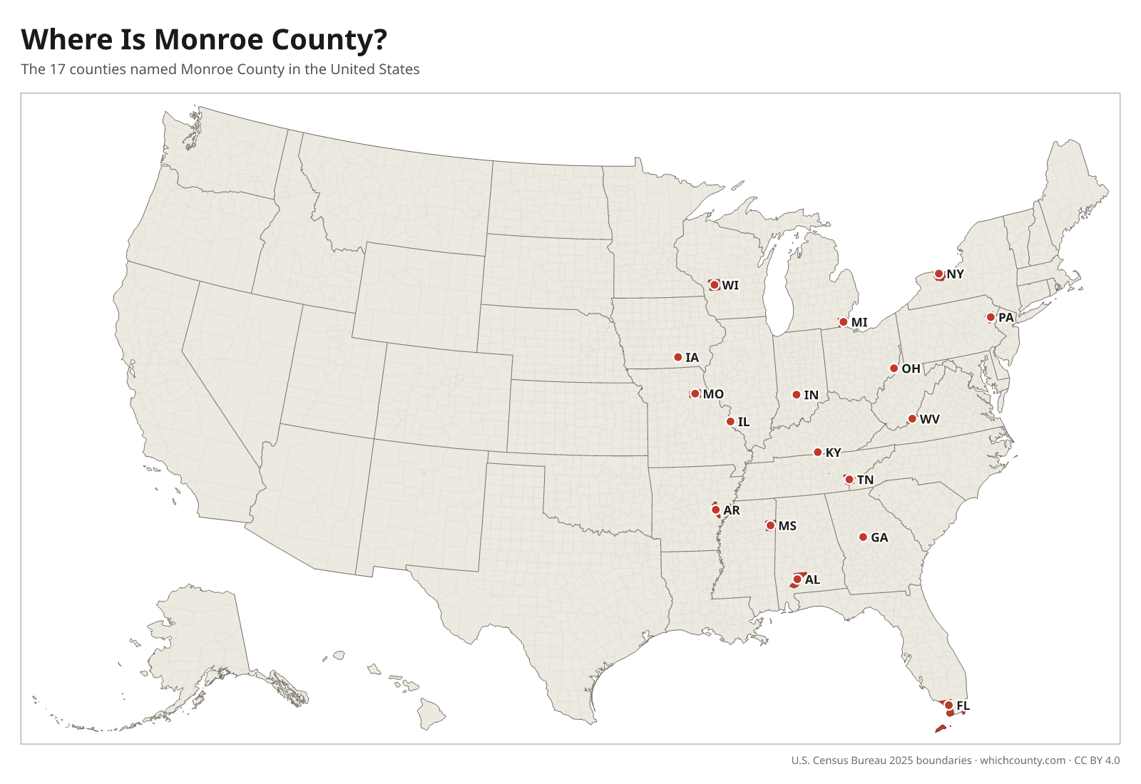 Map of the United States showing where all 17 Monroe Counties are, labeled by state