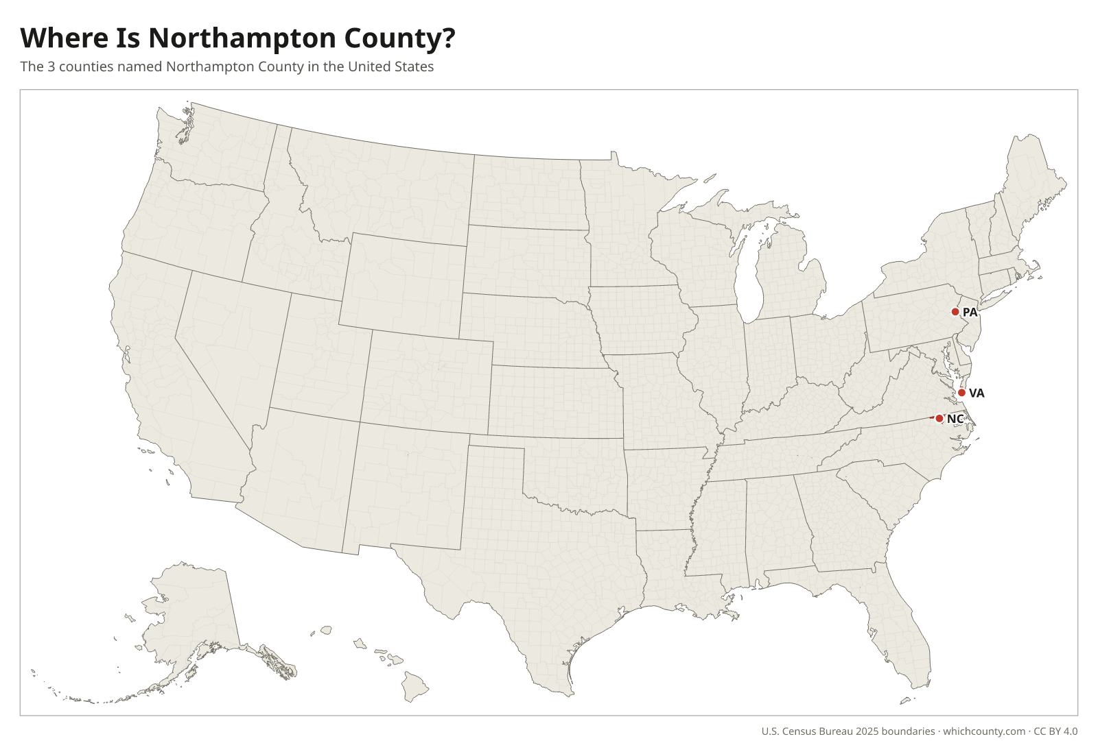 Map of the United States showing where all 3 Northampton Counties are, labeled by state