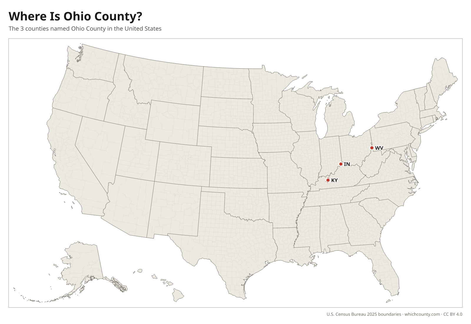 Map of the United States showing where all 3 Ohio Counties are, labeled by state