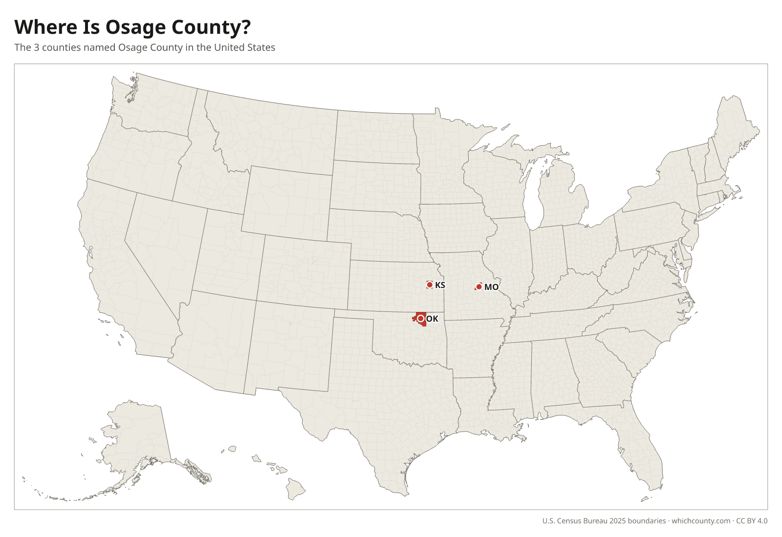 Map of the United States showing where all 3 Osage Counties are, labeled by state