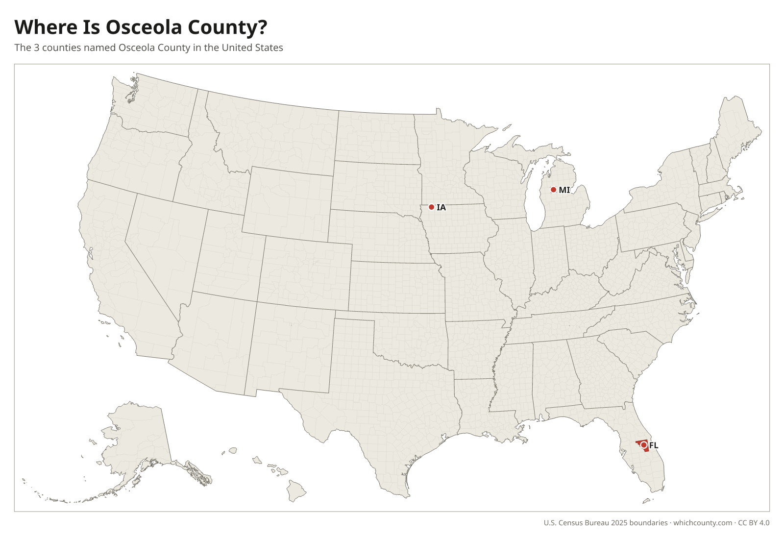Map of the United States showing where all 3 Osceola Counties are, labeled by state