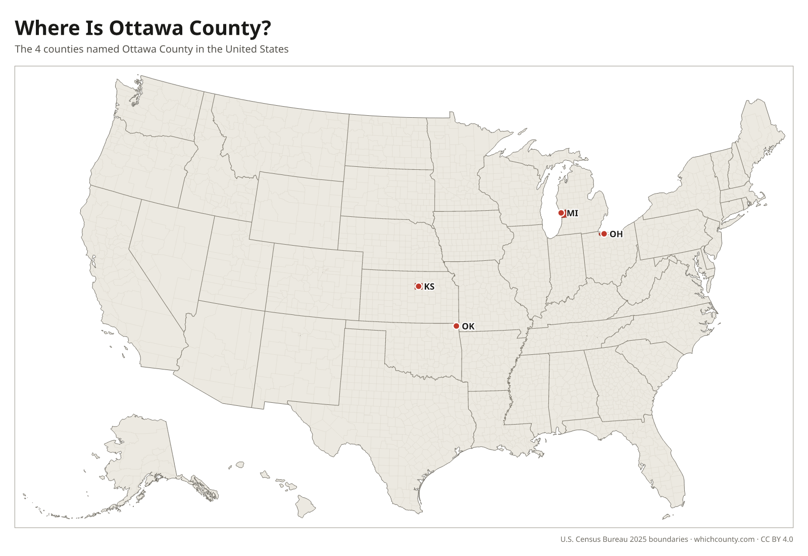 Map of the United States showing where all 4 Ottawa Counties are, labeled by state