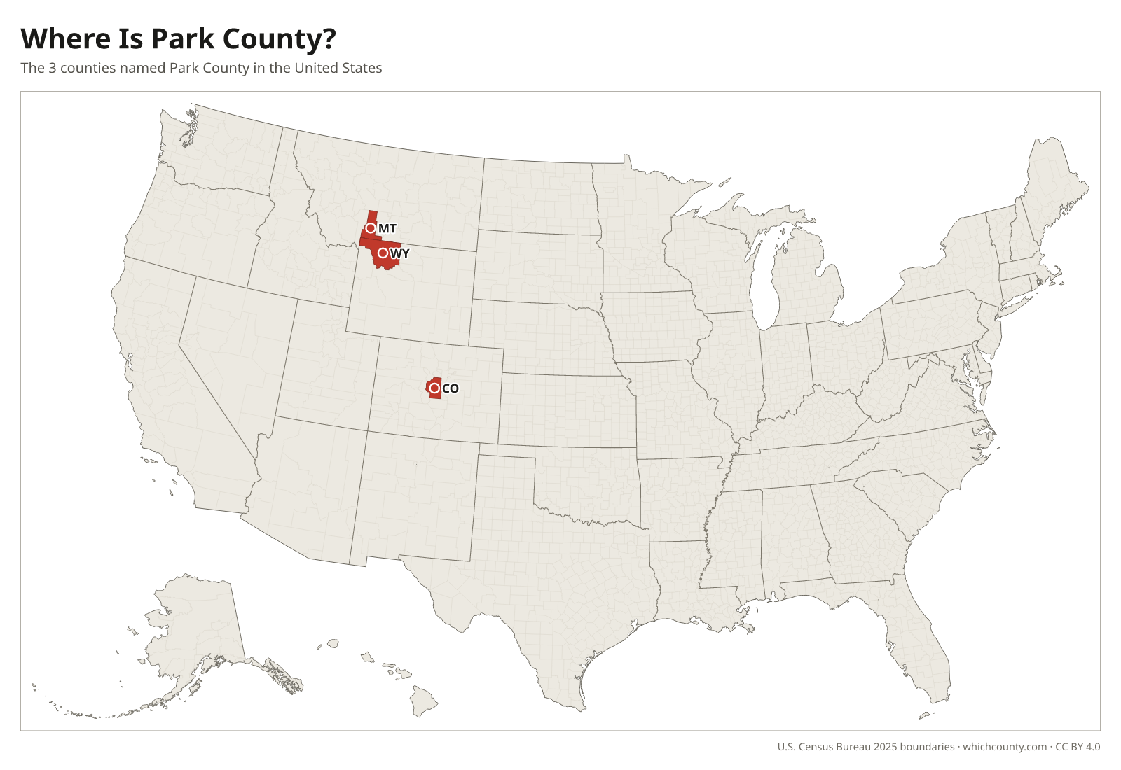 Map of the United States showing where all 3 Park Counties are, labeled by state