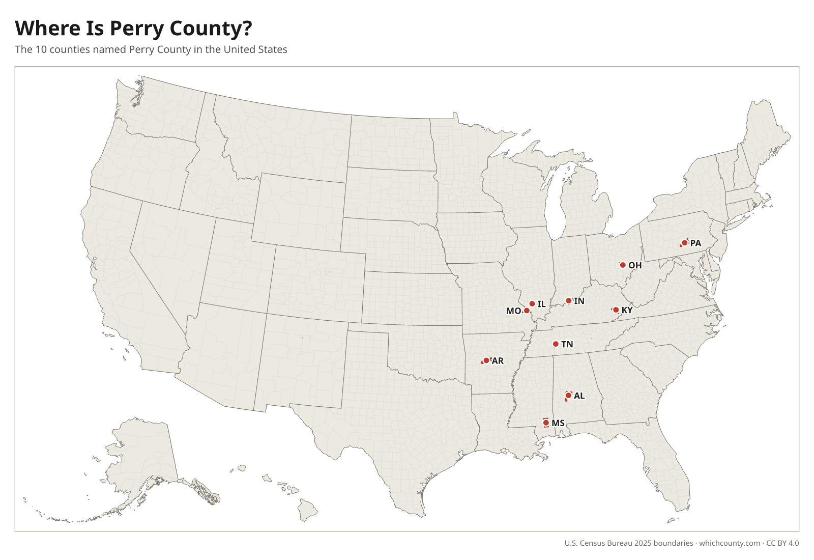 Map of the United States showing where all 10 Perry Counties are, labeled by state