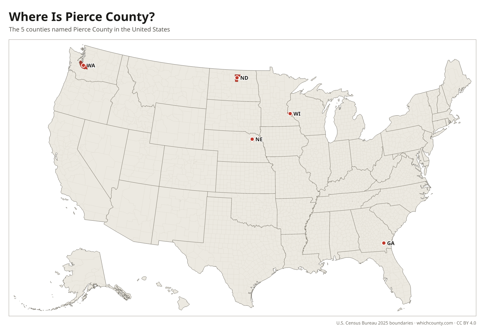 Map of the United States showing where all 5 Pierce Counties are, labeled by state