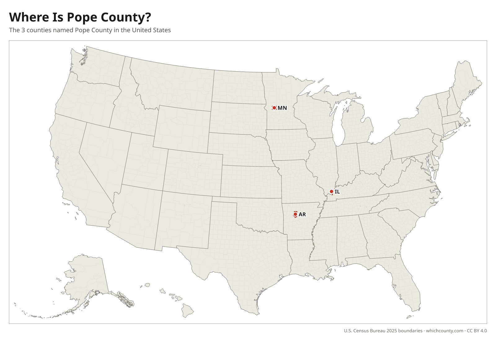 Map of the United States showing where all 3 Pope Counties are, labeled by state