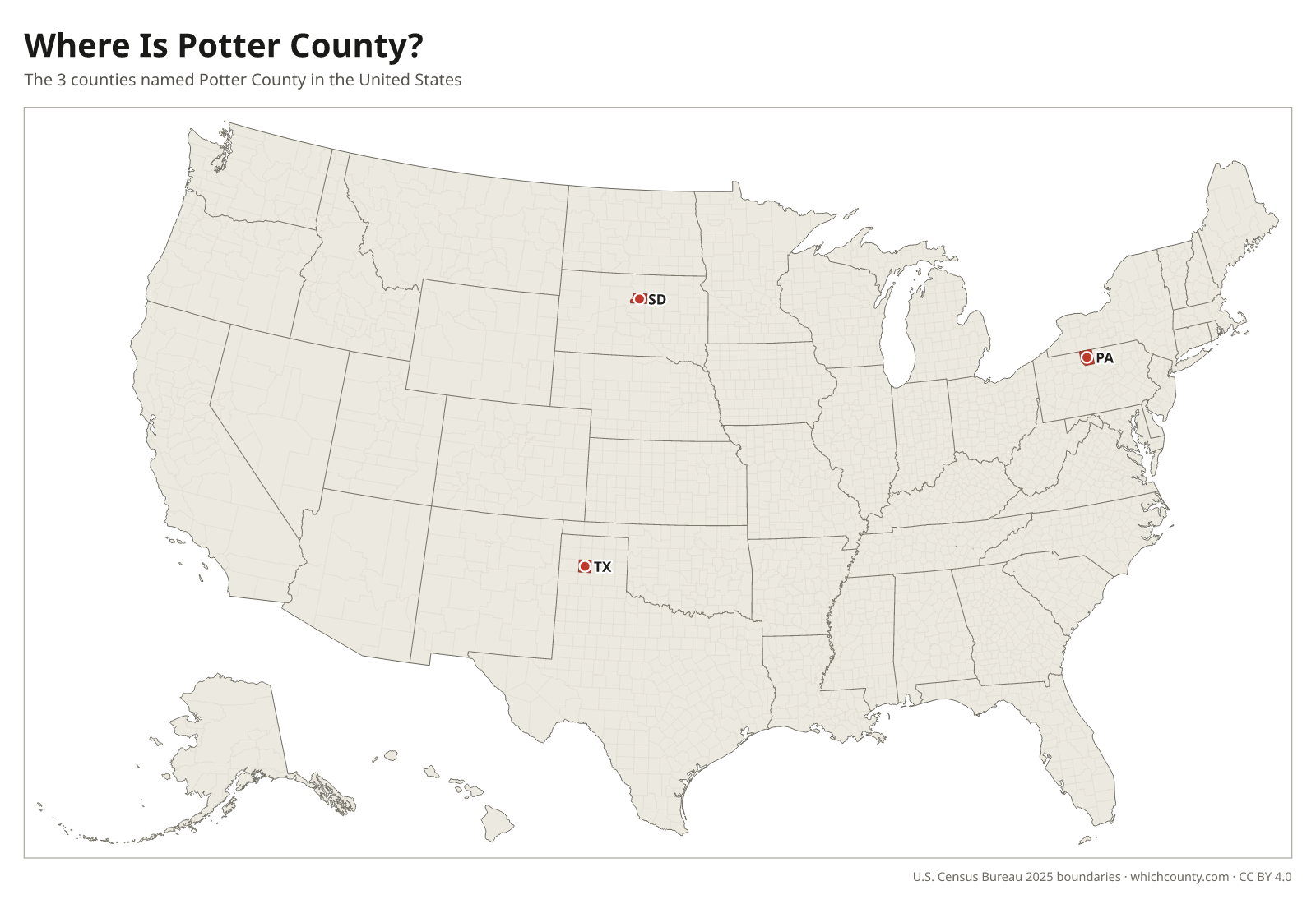 Map of the United States showing where all 3 Potter Counties are, labeled by state