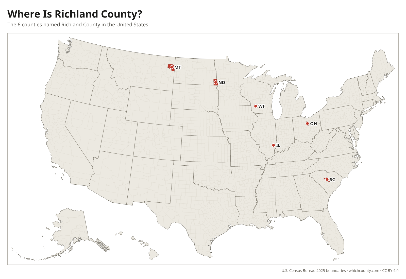 Map of the United States showing where all 6 Richland Counties are, labeled by state