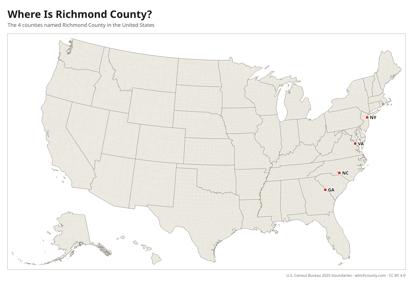 Map of the United States showing where all 4 Richmond Counties are, labeled by state
