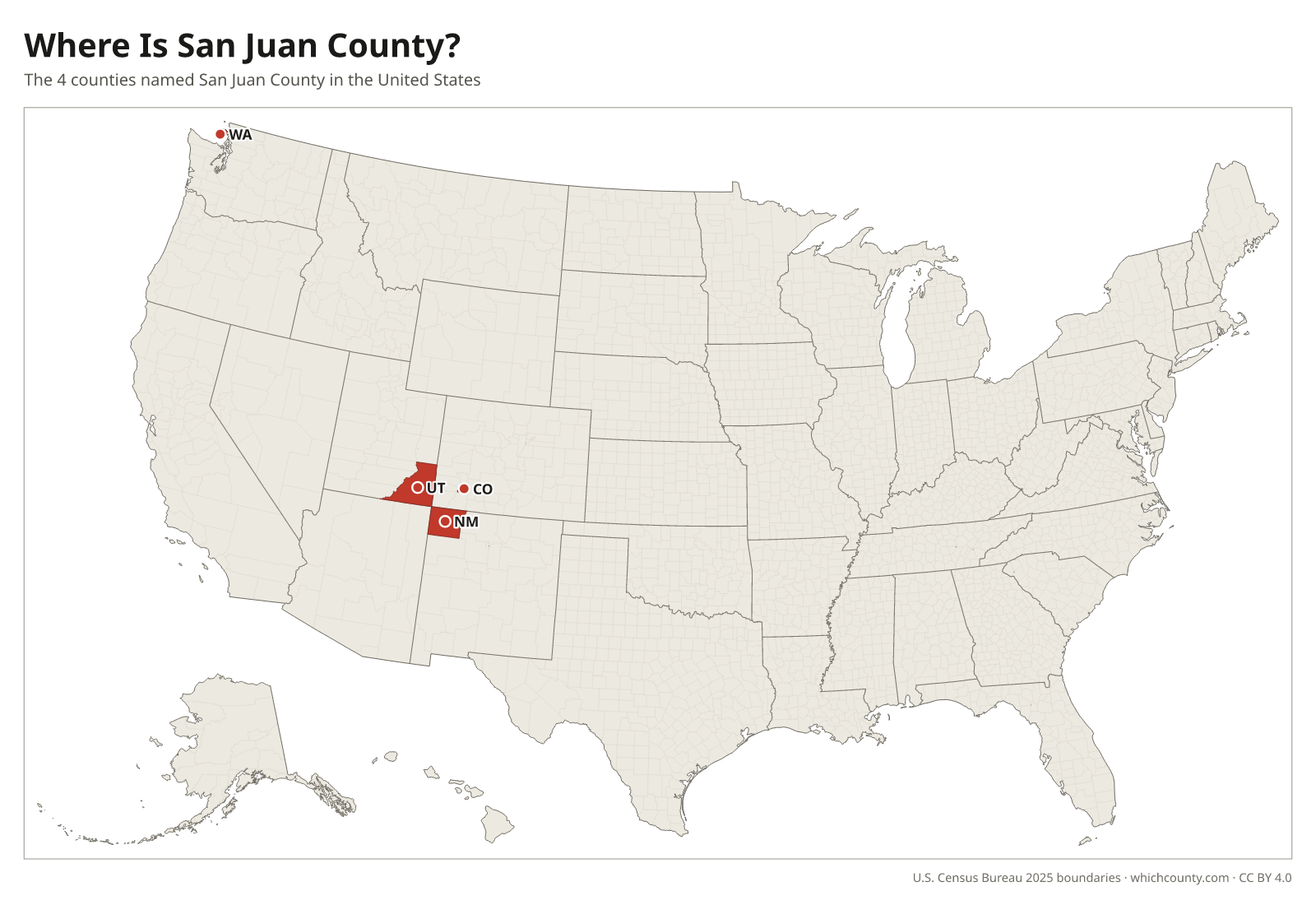 Map of the United States showing where all 4 San Juan Counties are, labeled by state