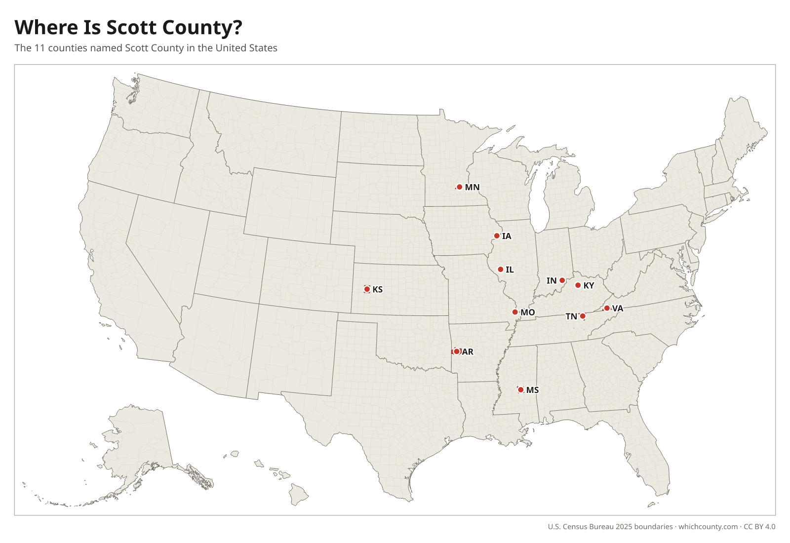 Map of the United States showing where all 11 Scott Counties are, labeled by state