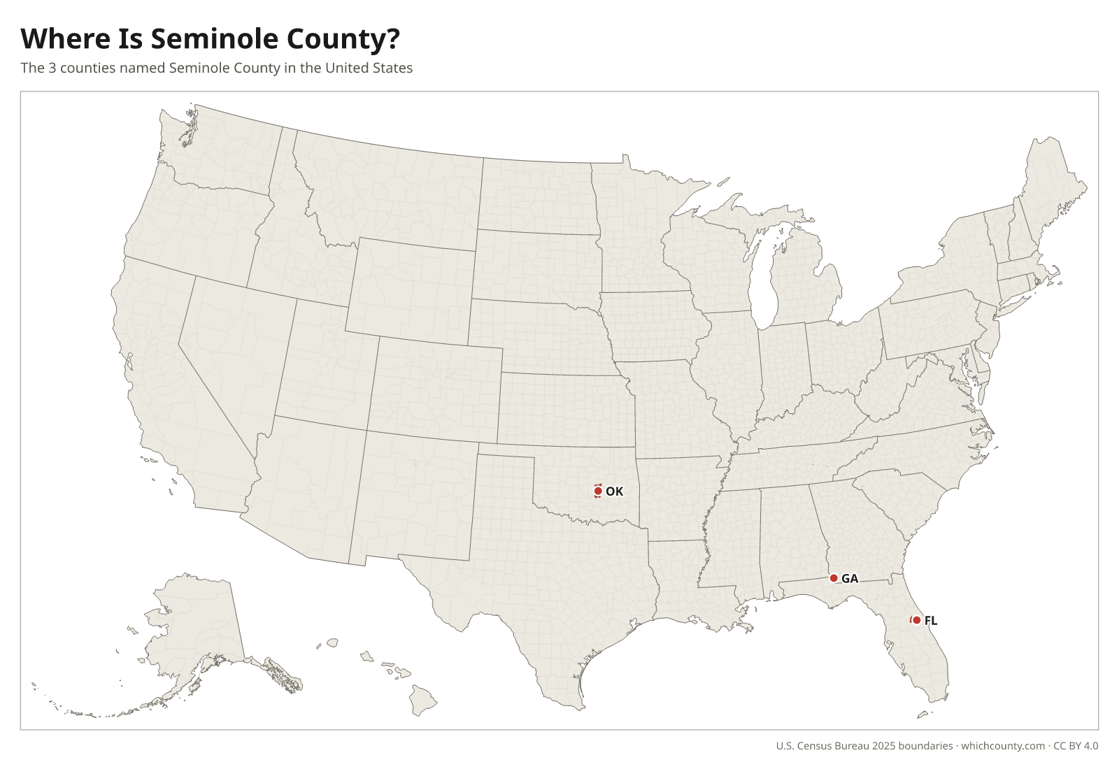 Map of the United States showing where all 3 Seminole Counties are, labeled by state