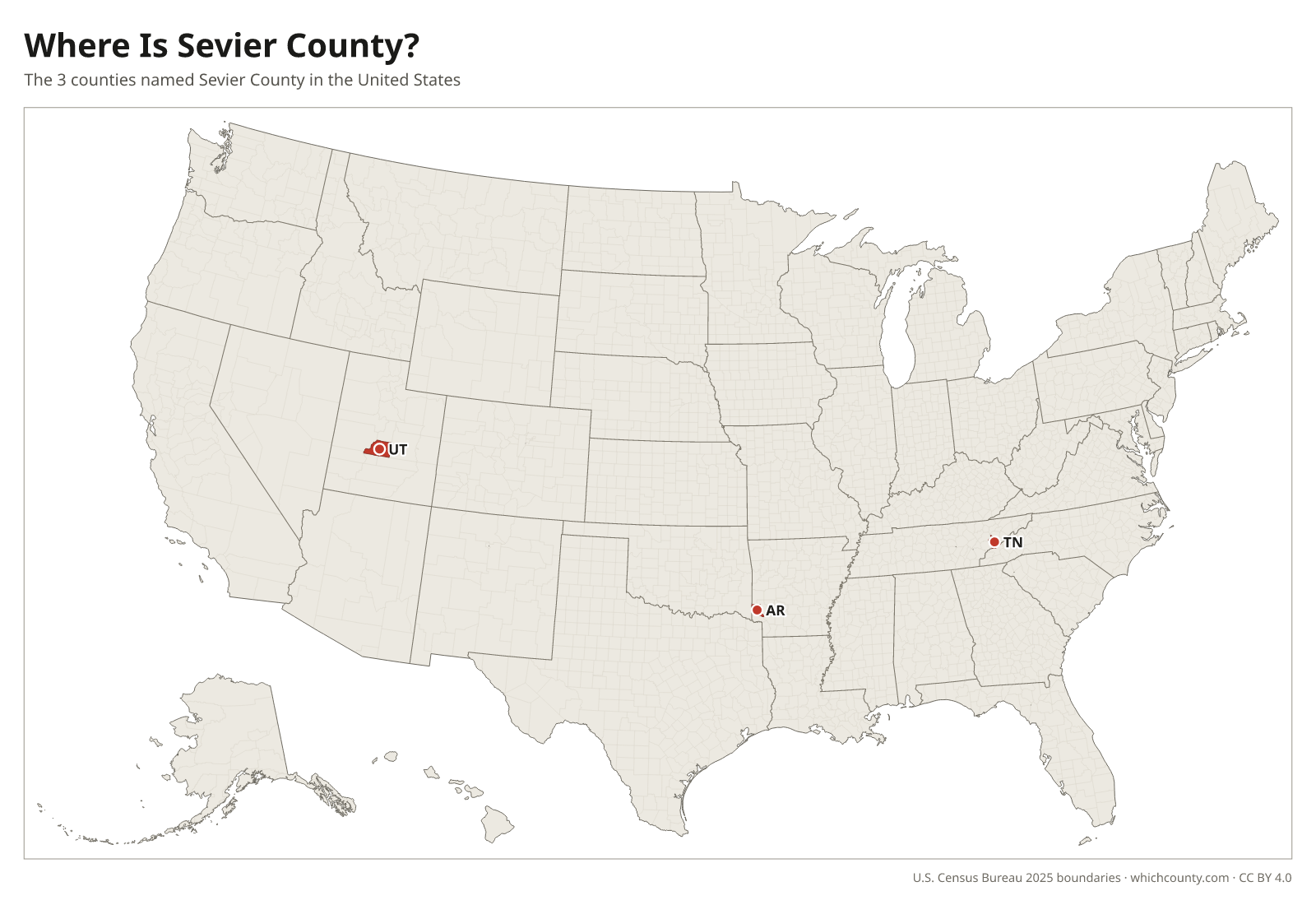 Map of the United States showing where all 3 Sevier Counties are, labeled by state