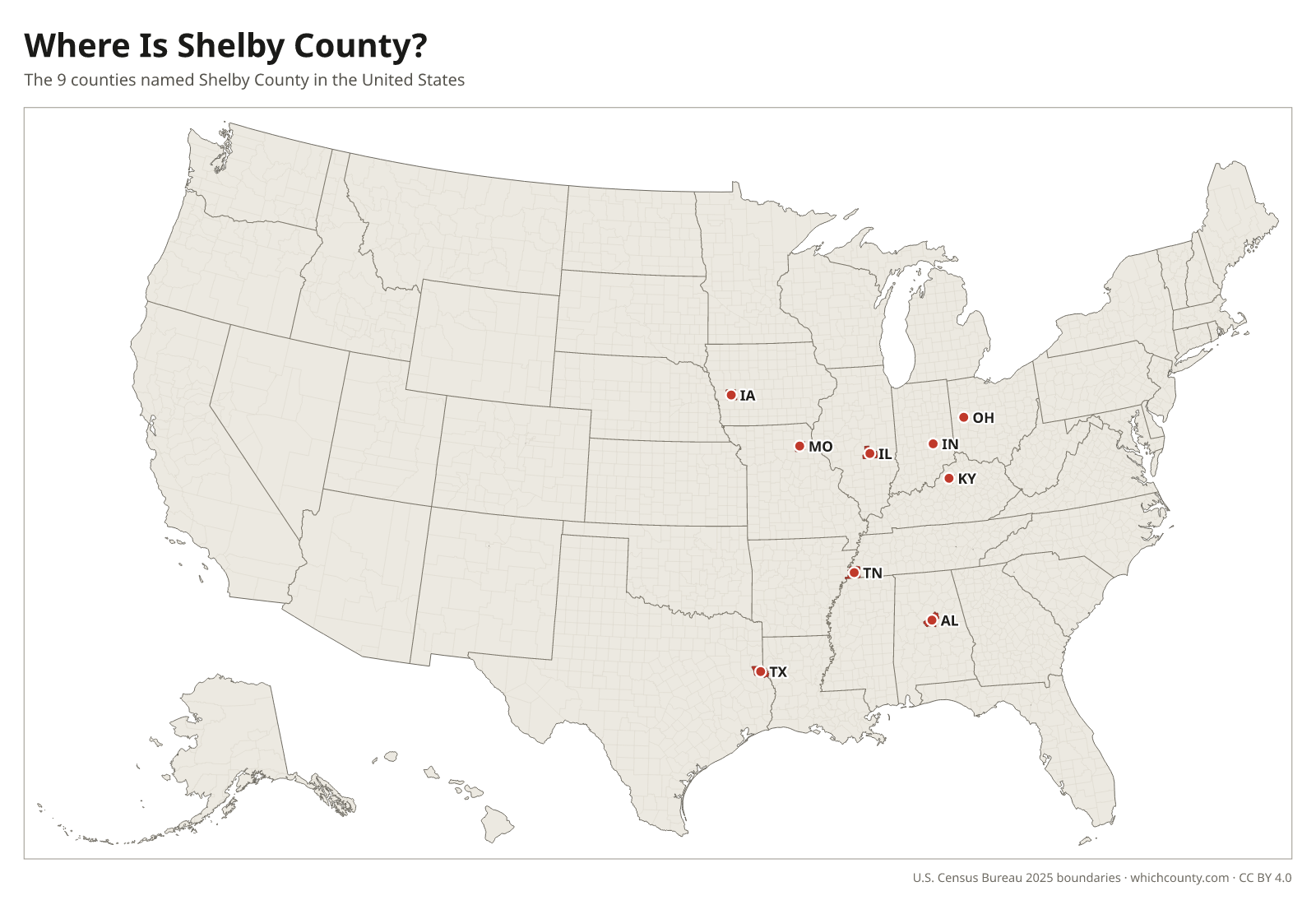 Map of the United States showing where all 9 Shelby Counties are, labeled by state