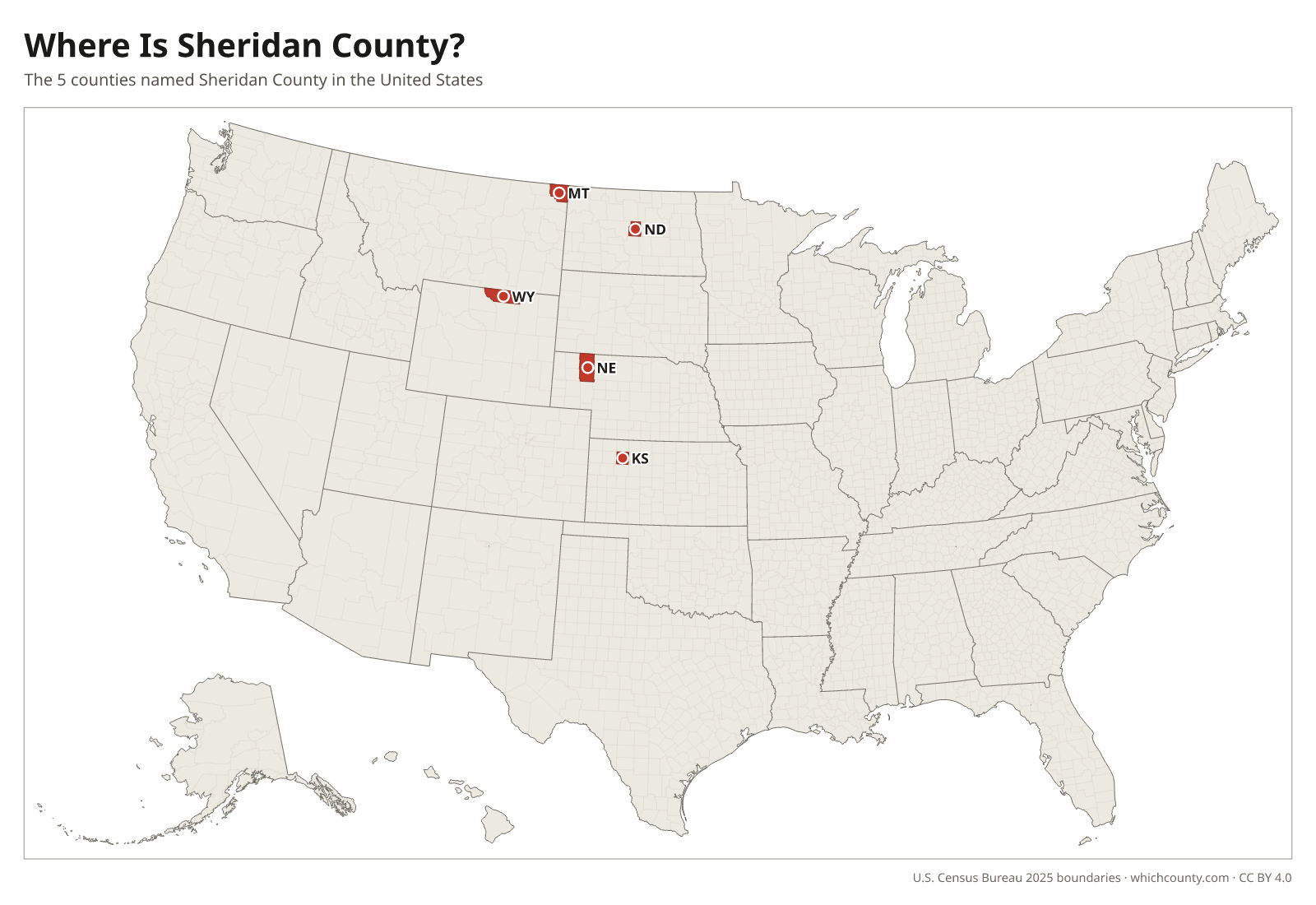Map of the United States showing where all 5 Sheridan Counties are, labeled by state
