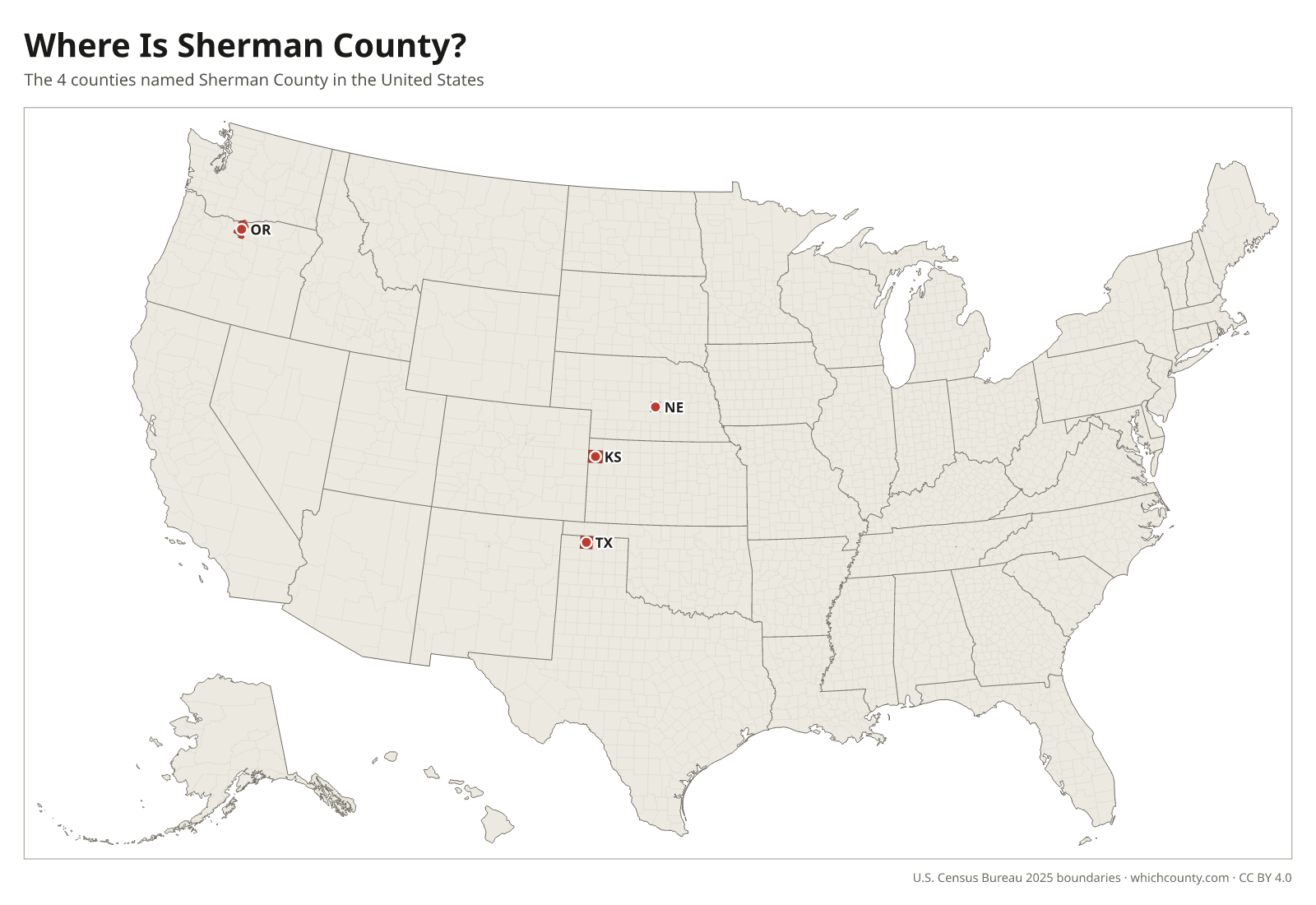 Map of the United States showing where all 4 Sherman Counties are, labeled by state