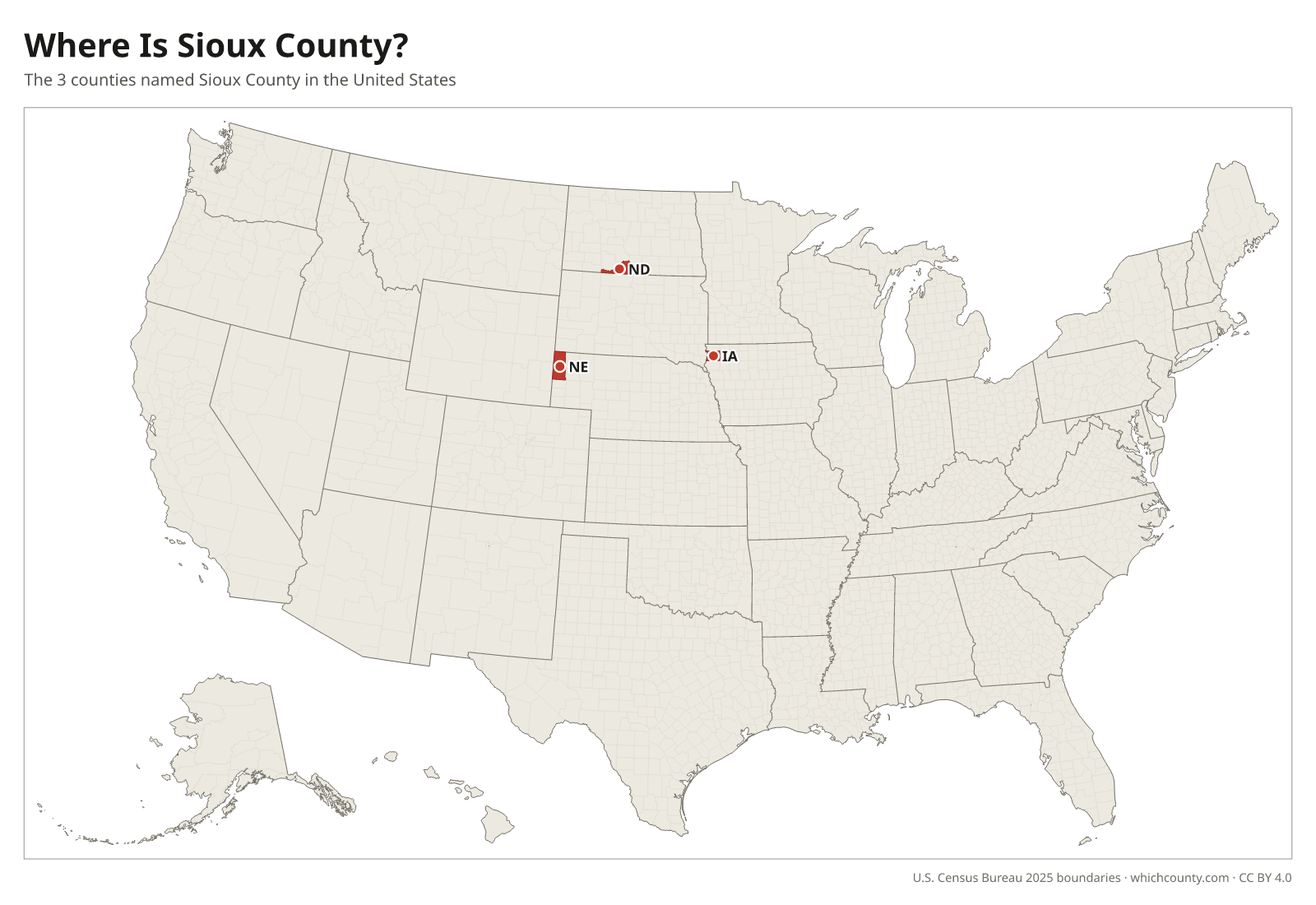 Map of the United States showing where all 3 Sioux Counties are, labeled by state