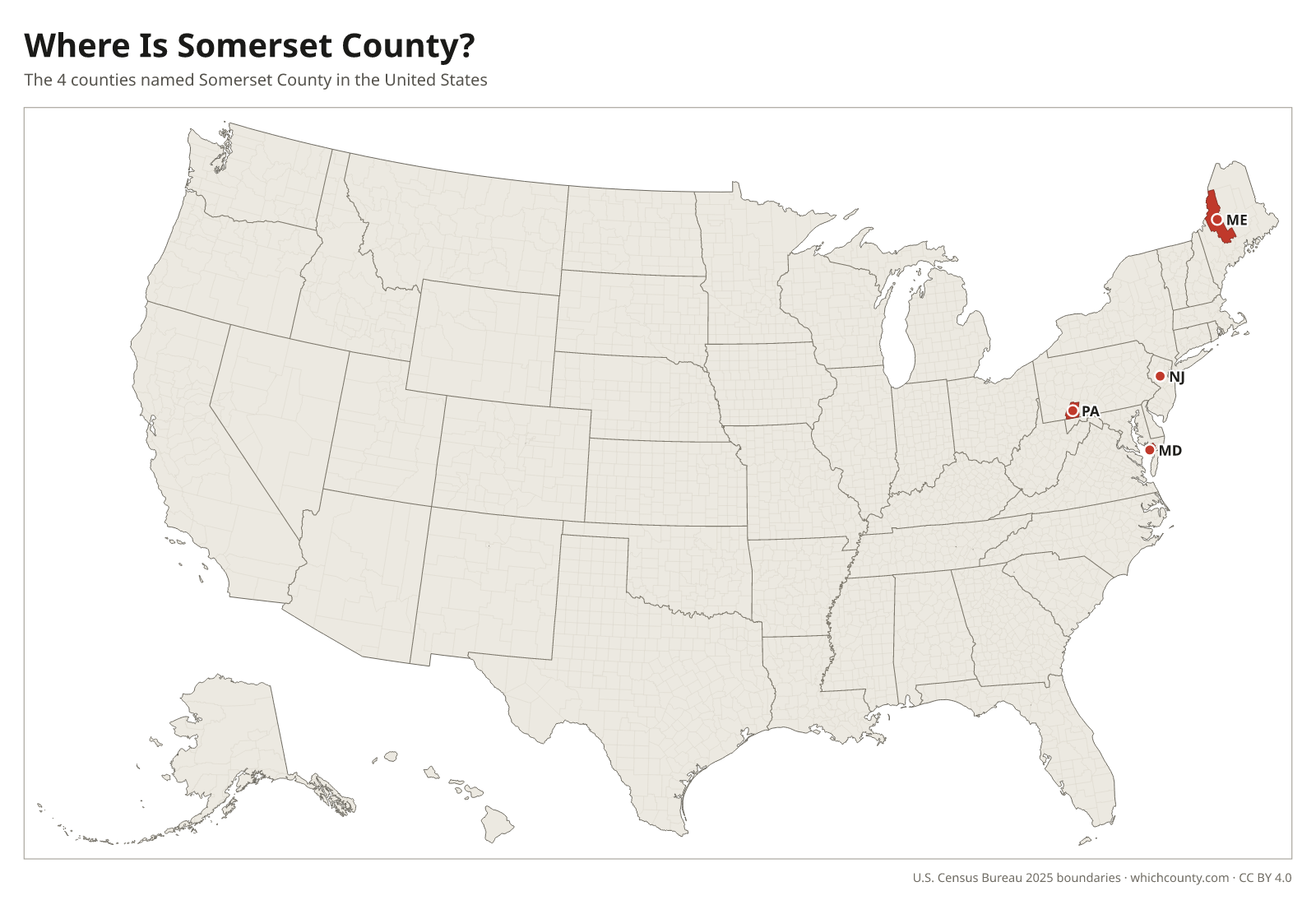 Map of the United States showing where all 4 Somerset Counties are, labeled by state