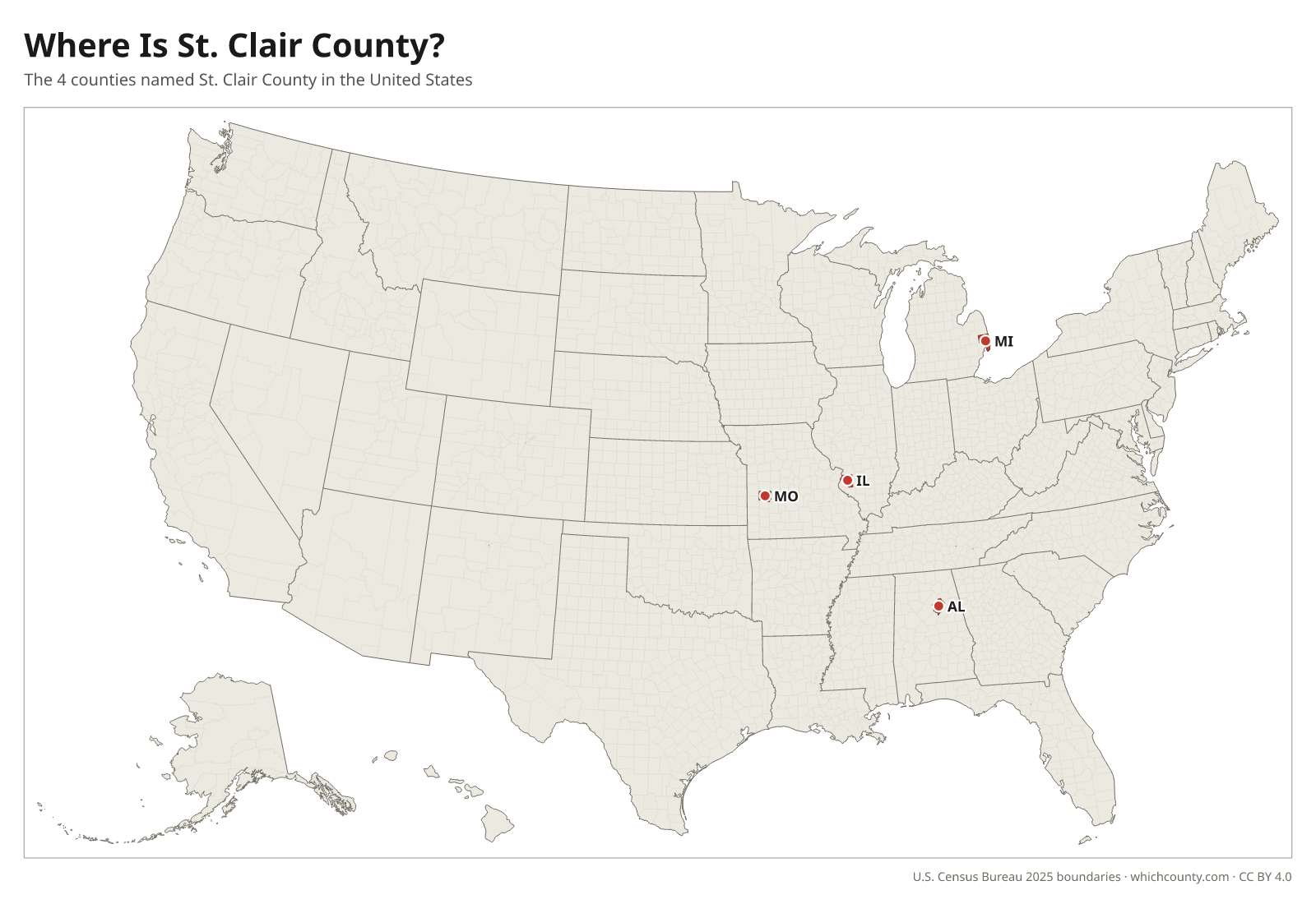 Map of the United States showing where all 4 St. Clair Counties are, labeled by state