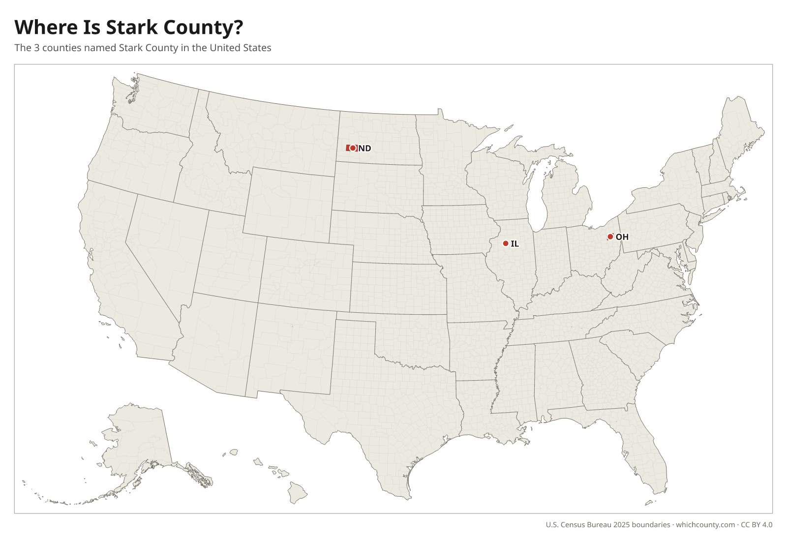 Map of the United States showing where all 3 Stark Counties are, labeled by state
