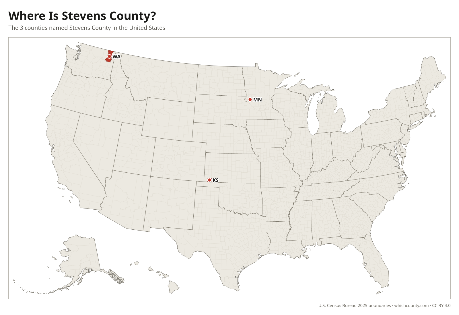 Map of the United States showing where all 3 Stevens Counties are, labeled by state
