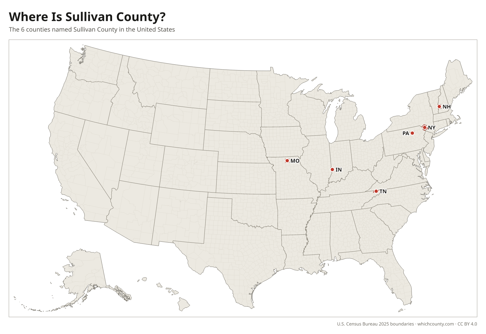 Map of the United States showing where all 6 Sullivan Counties are, labeled by state