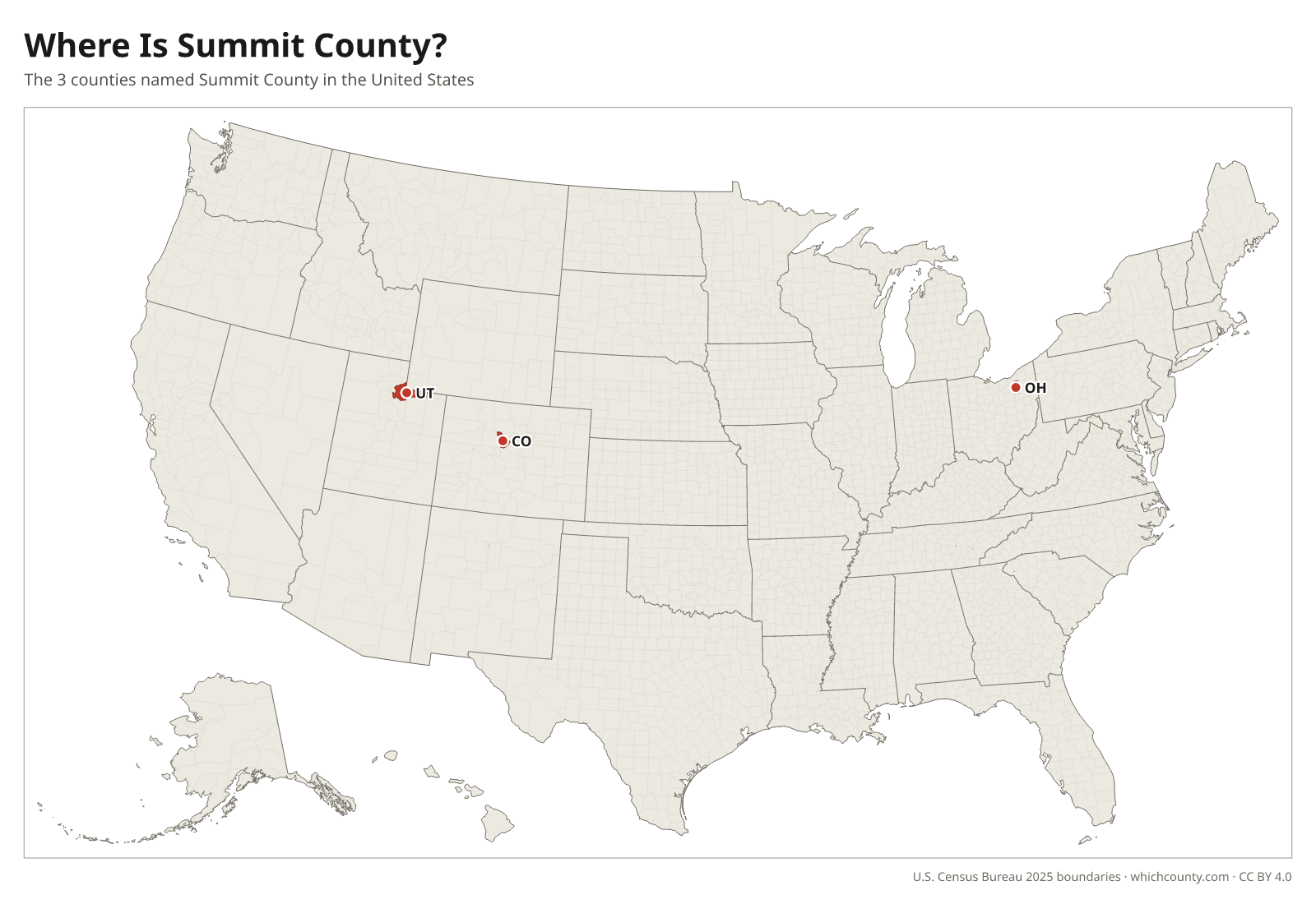 Map of the United States showing where all 3 Summit Counties are, labeled by state