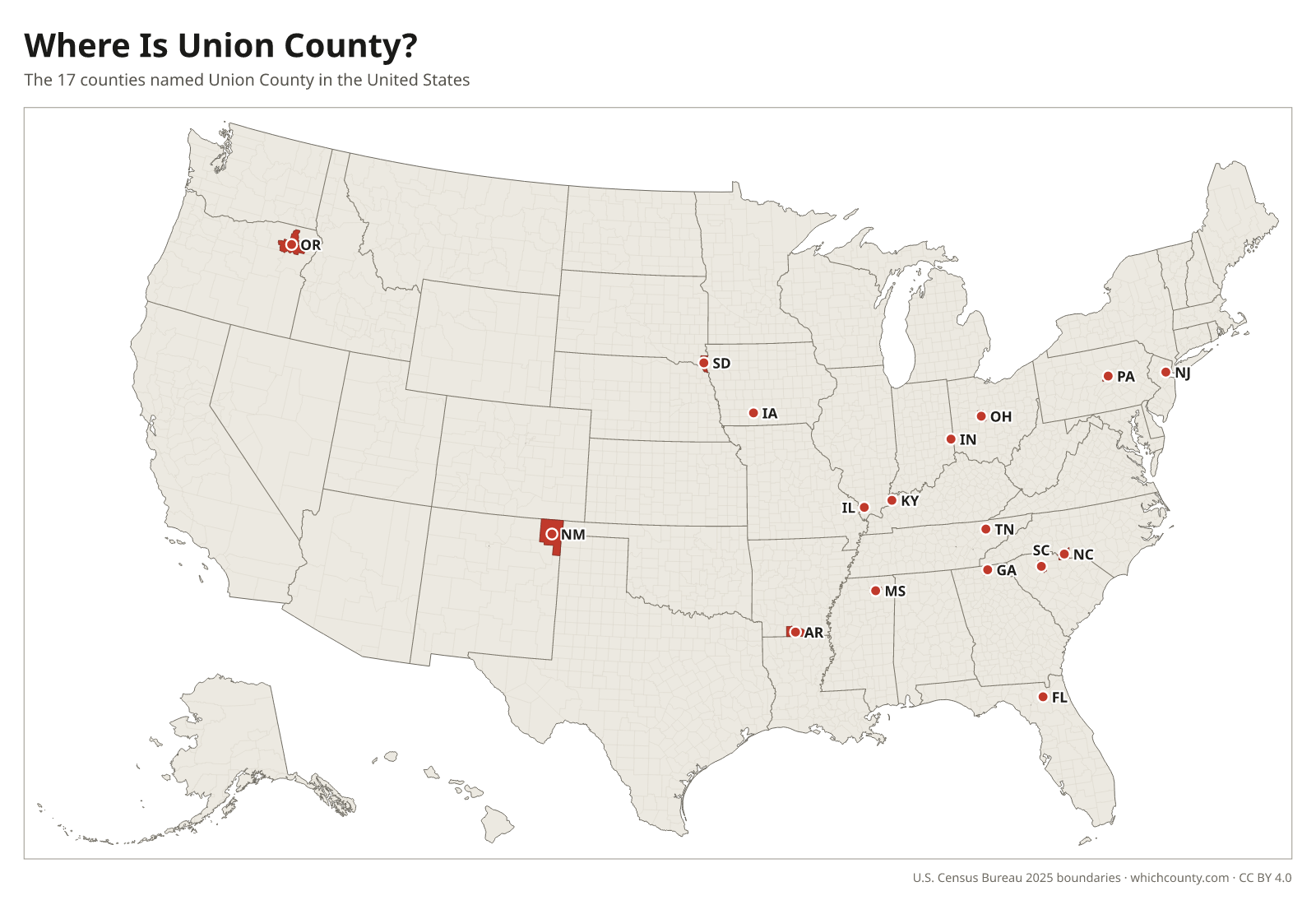 Map of the United States showing where all 17 Union Counties are, labeled by state