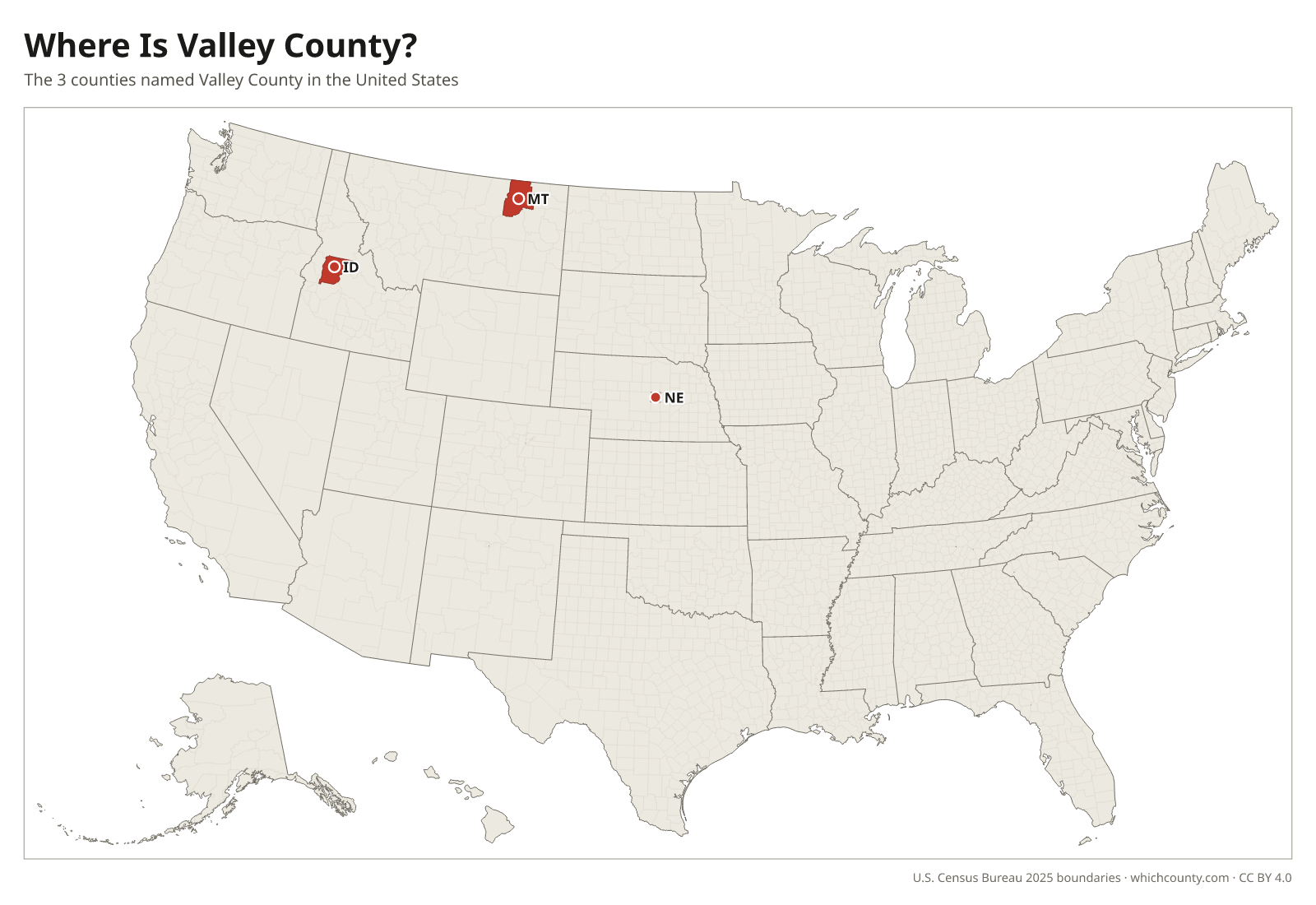 Map of the United States showing where all 3 Valley Counties are, labeled by state