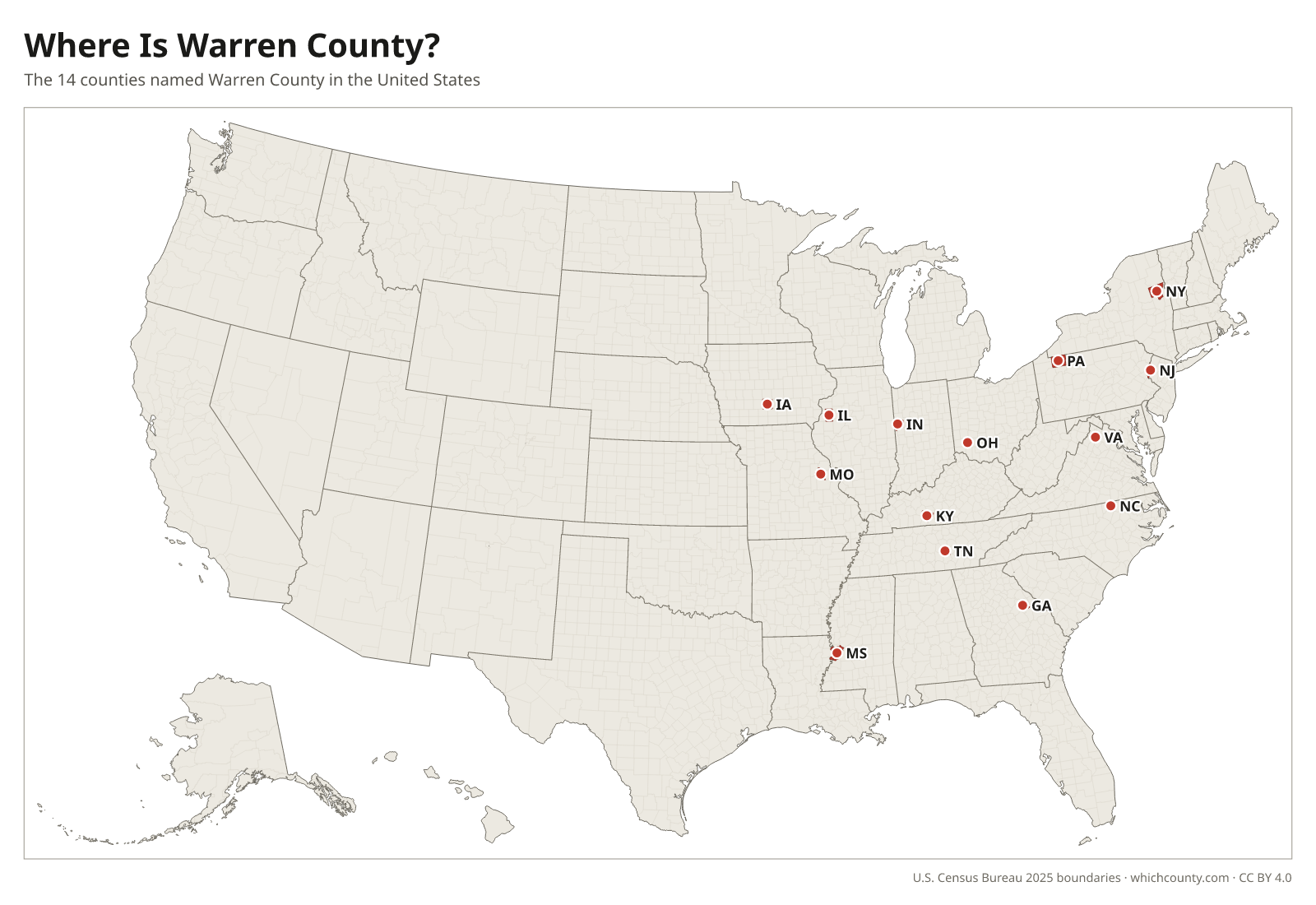 Map of the United States showing where all 14 Warren Counties are, labeled by state
