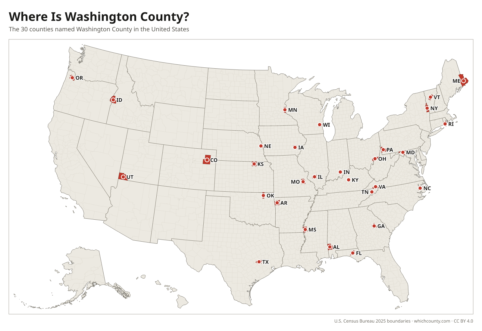 Map of the United States showing where all 30 Washington Counties are, labeled by state