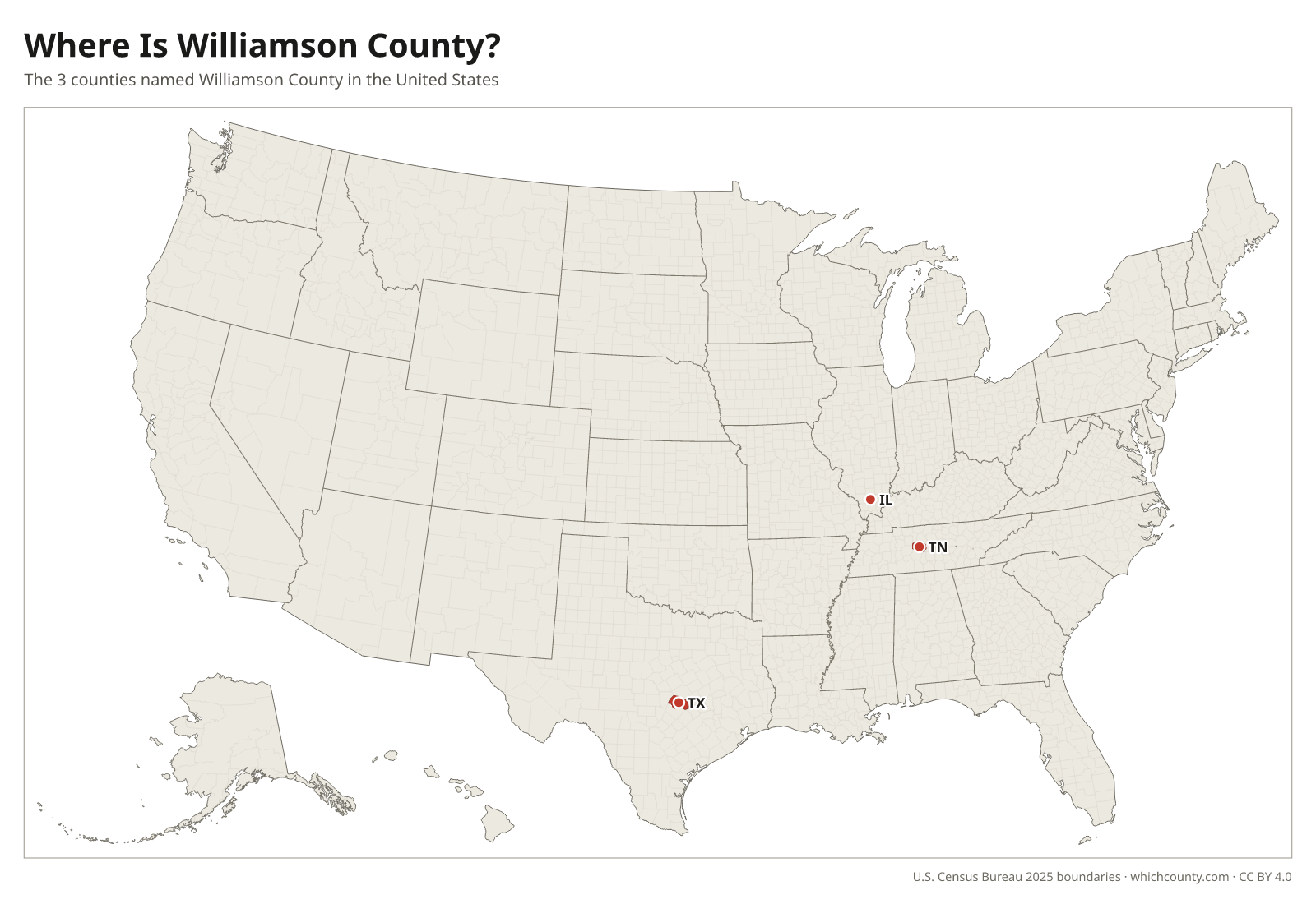 Map of the United States showing where all 3 Williamson Counties are, labeled by state