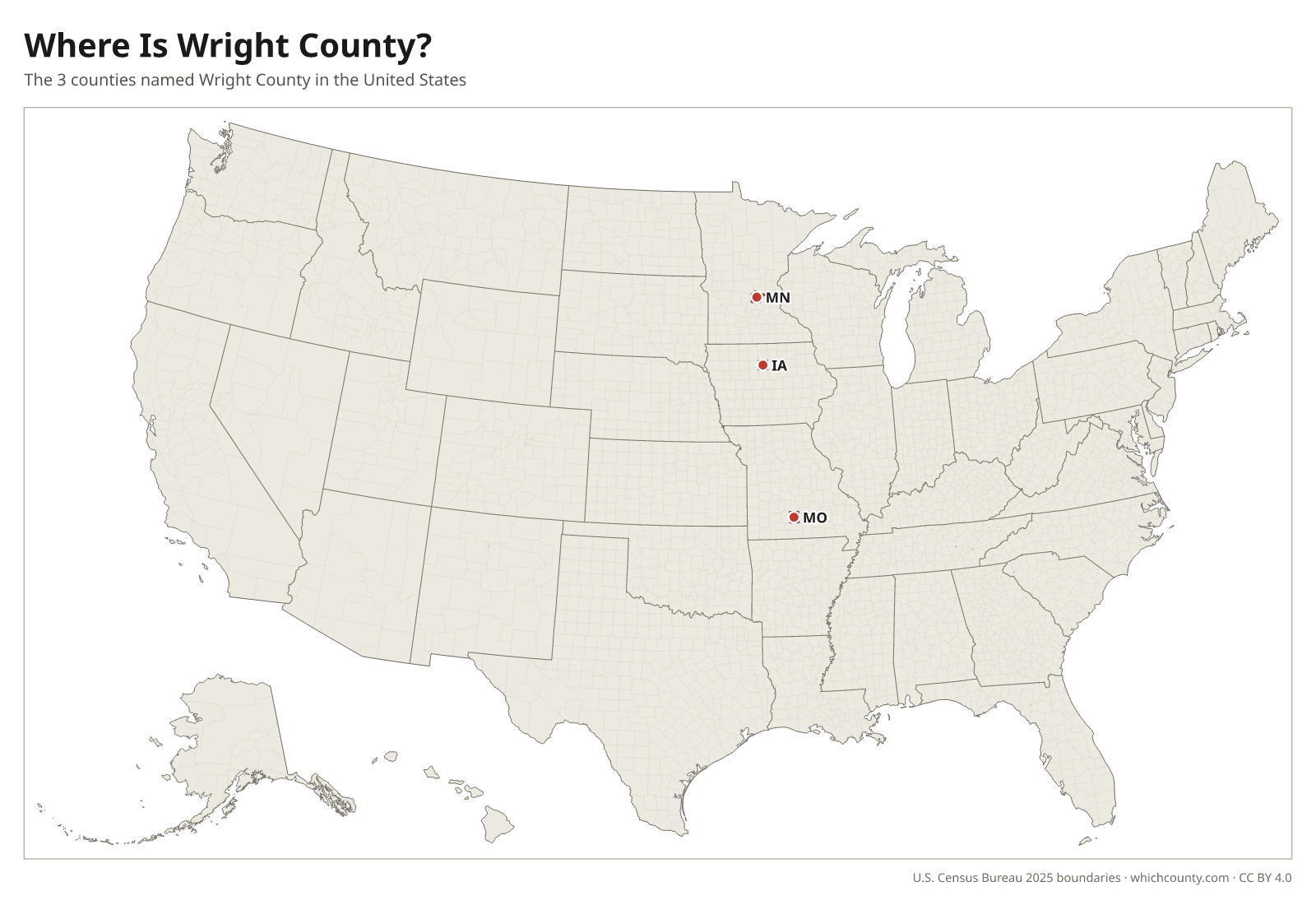 Map of the United States showing where all 3 Wright Counties are, labeled by state