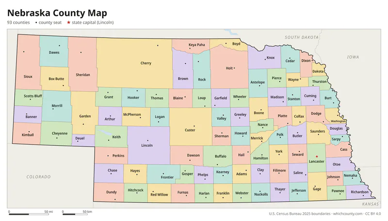 Nebraska county map with all 93 counties labeled