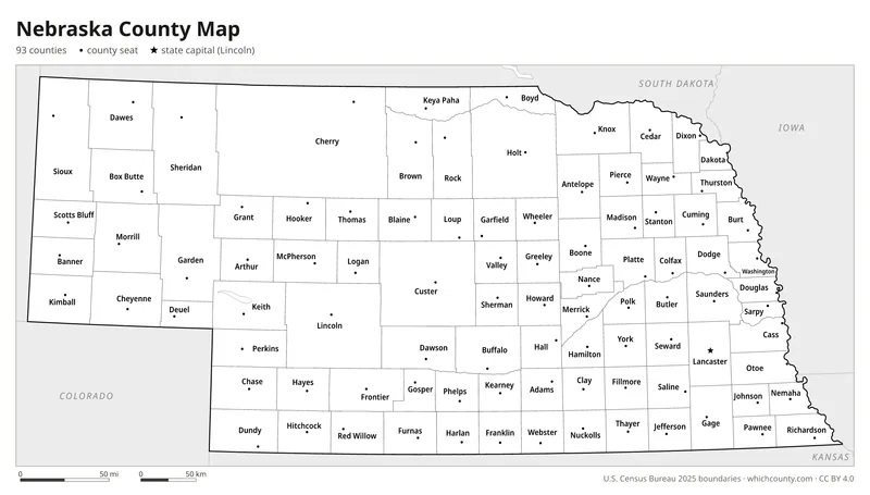 Black and white Nebraska county map