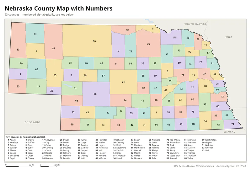 Nebraska county map with numbers