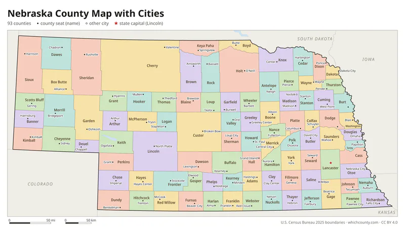 Nebraska county map with cities and county seats