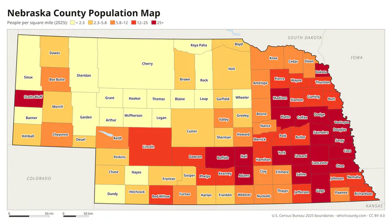 Map of Nebraska counties shaded by population density