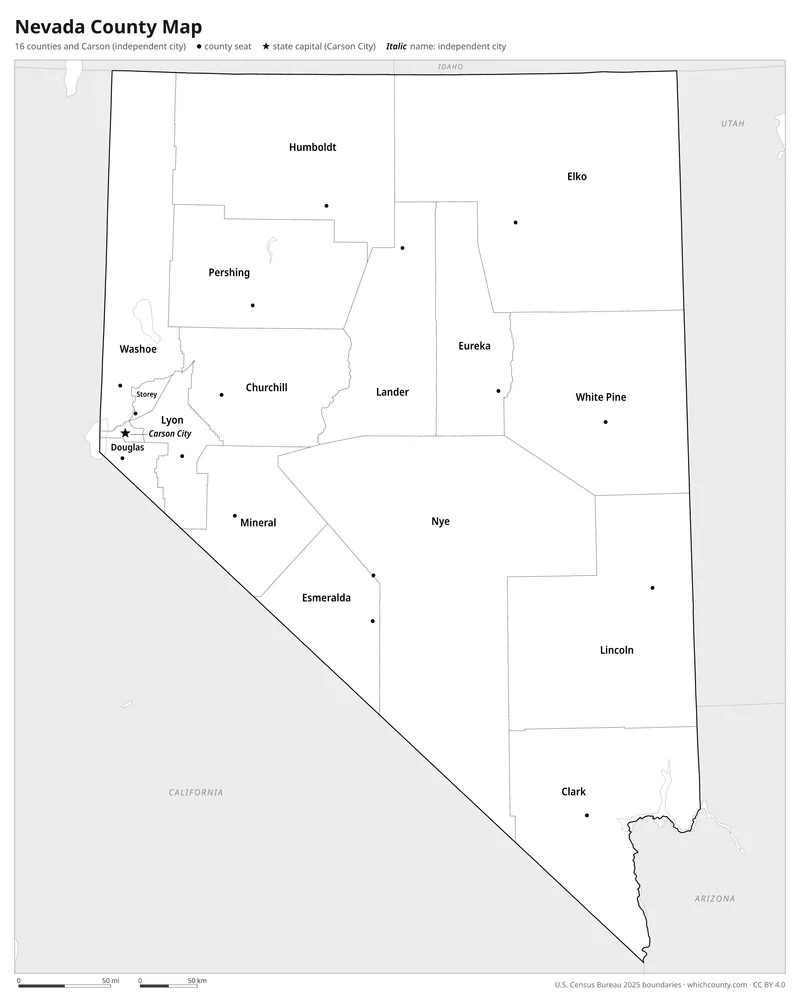 Black and white Nevada county map
