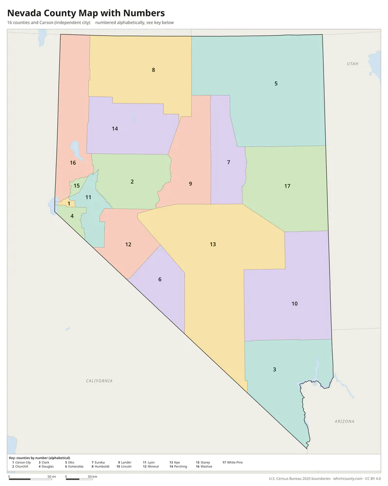Nevada county map with numbers