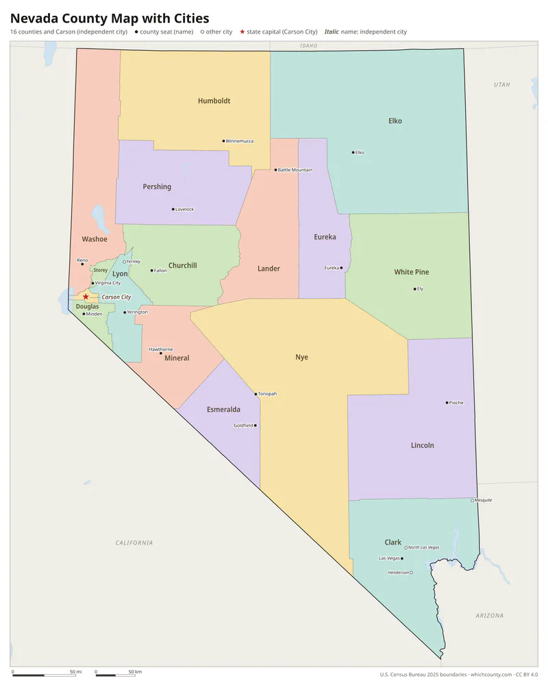 Nevada county map with cities and county seats