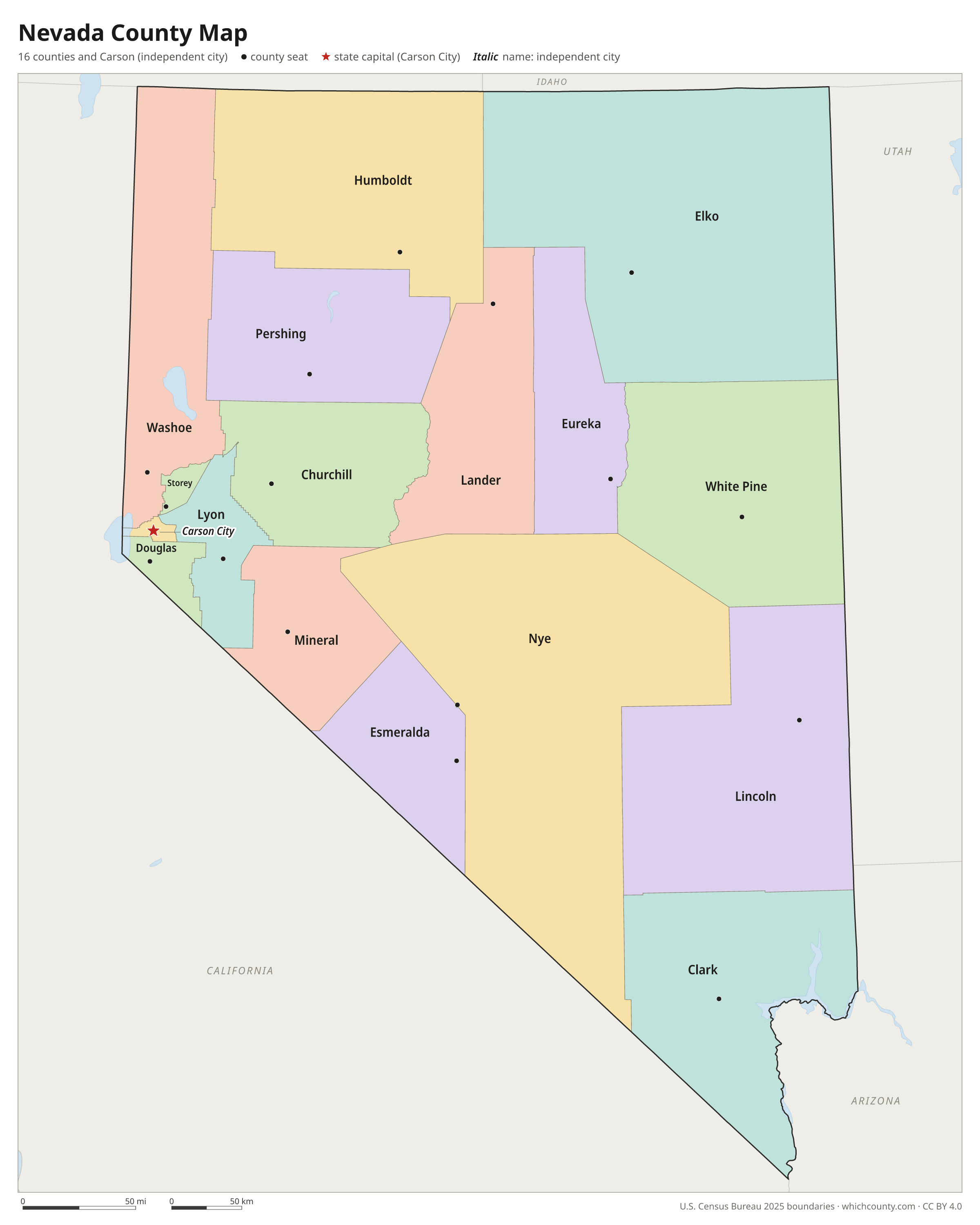 Nevada county map showing all 17 counties with county names and county seats