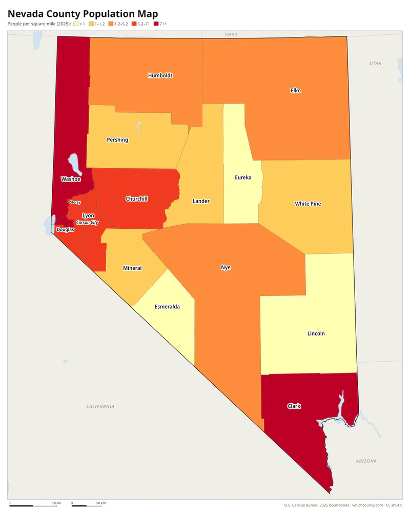Map of Nevada counties shaded by population density