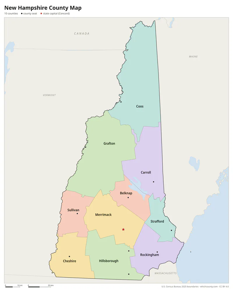 New Hampshire county map with all 10 counties labeled