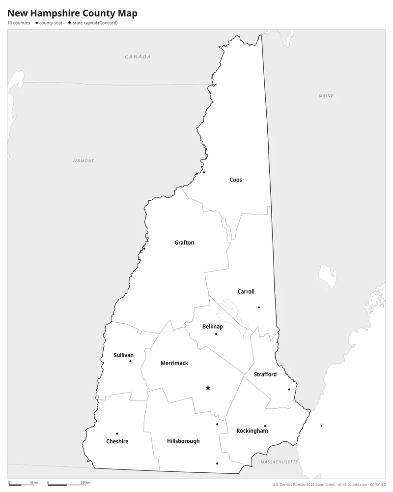 Black and white New Hampshire county map