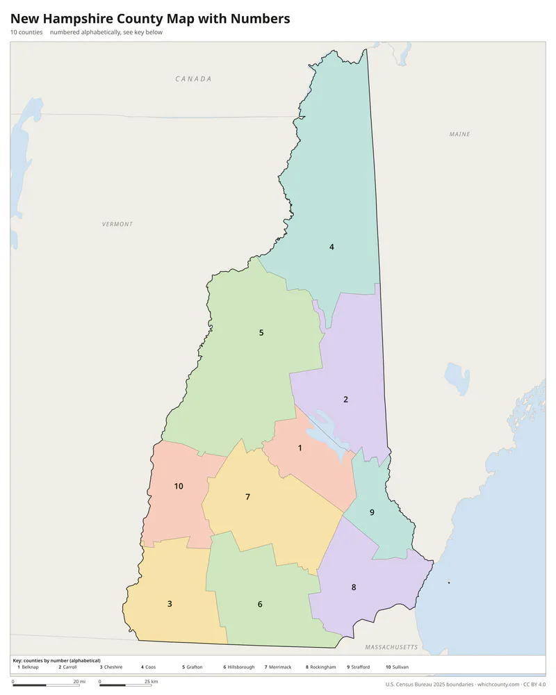 New Hampshire county map with numbers