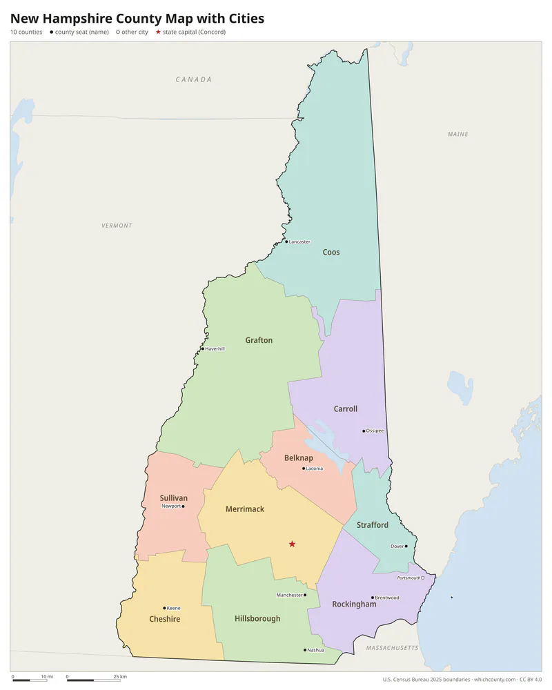 New Hampshire county map with cities and county seats