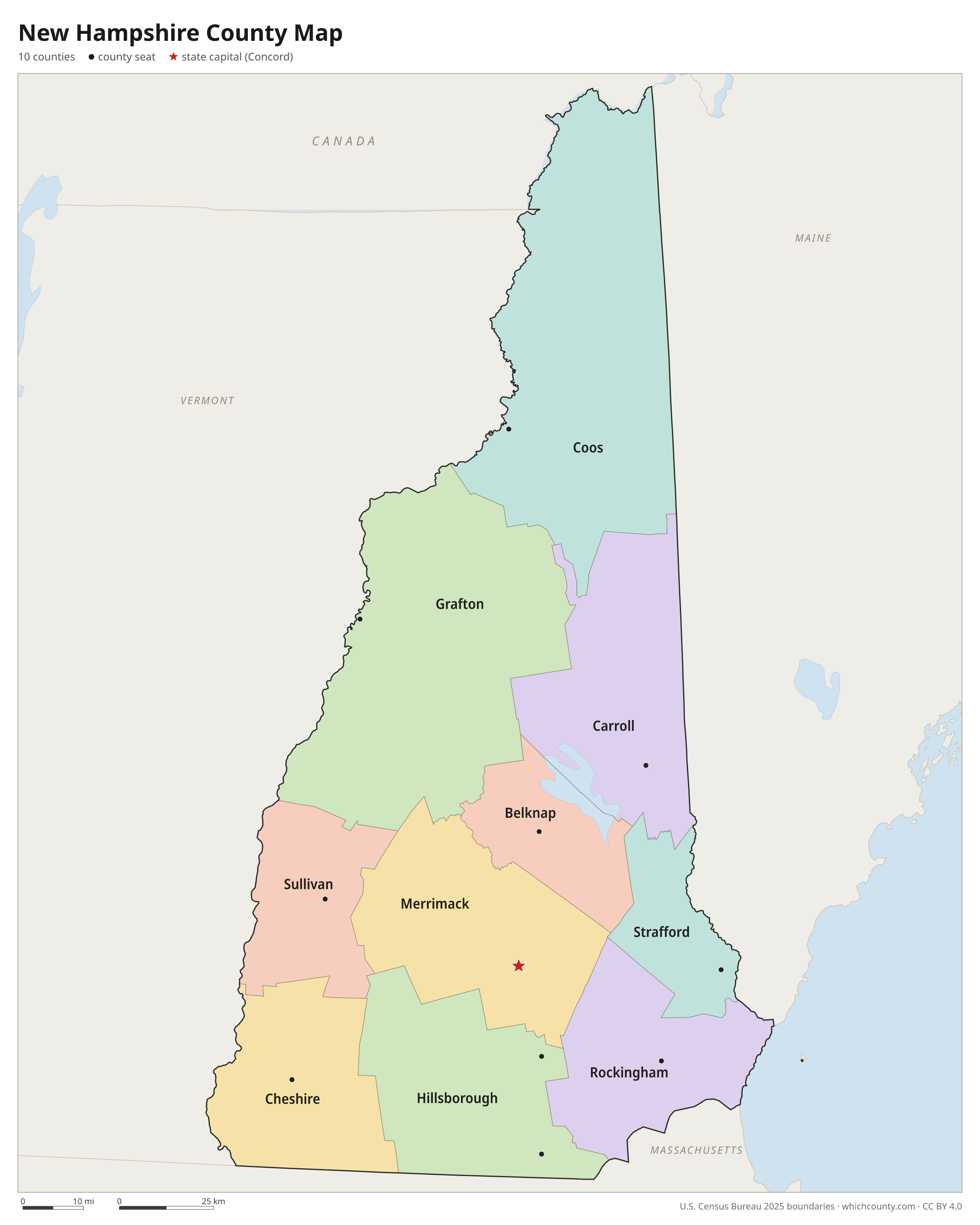 New Hampshire county map showing all 10 counties with county names and county seats