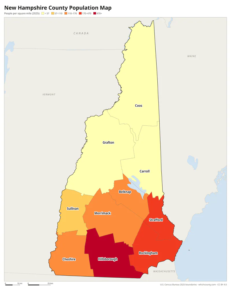 Map of New Hampshire counties shaded by population density