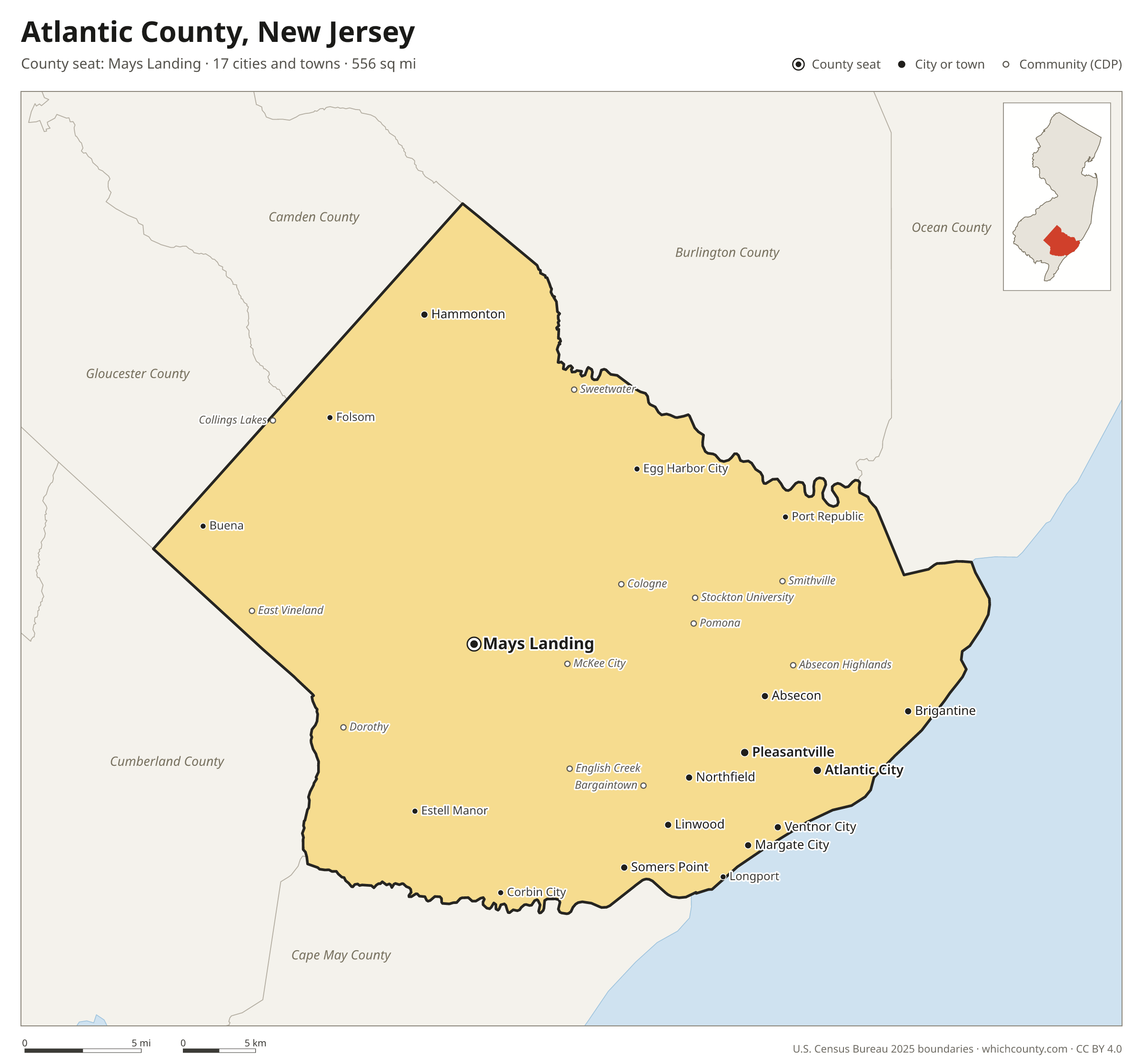 Map of Atlantic County, New Jersey with cities, towns and the county boundary